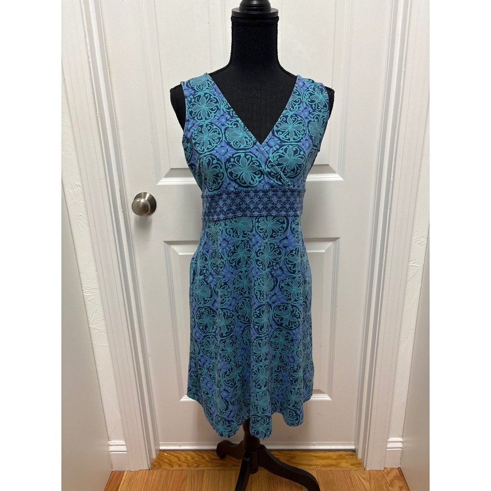 Life is Good Womens Size 6 Blue Teal Medallion V-Neck A-Line Sleeveless Dress